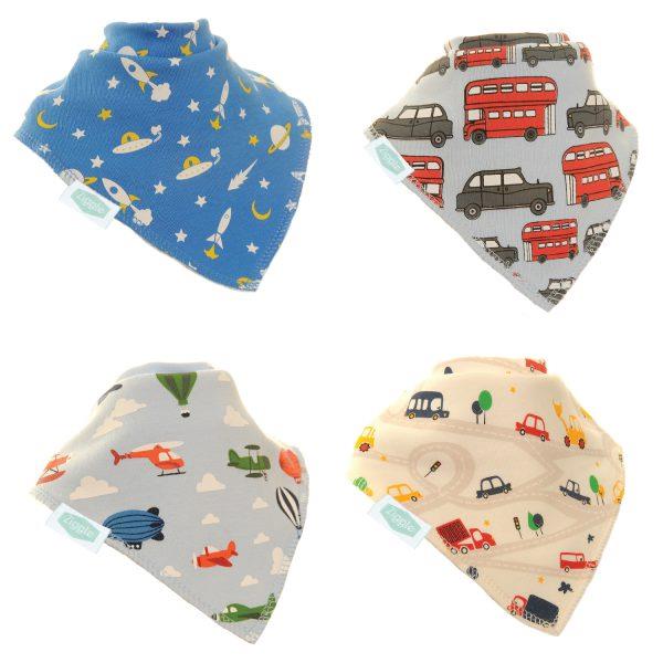 Zoom! - Cars/Rockets/Trucks - Absorbant Bandana Dribble Bibs - Pack of 4 - Suitable From Birth - Ziggle
