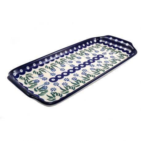 Oblong Platter - Daisies & Blue Spots - 32x14.5cms - 0410-0377EX - Polish Pottery