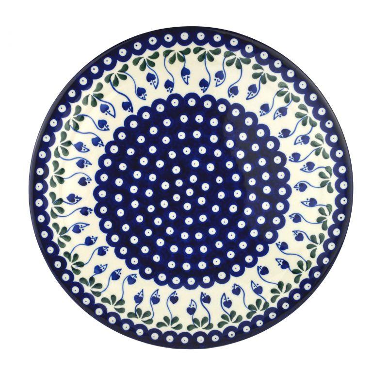 Pizza Platter 33cms - Blue Dots With Flower Buds - D53-0377OX - Polish Pottery