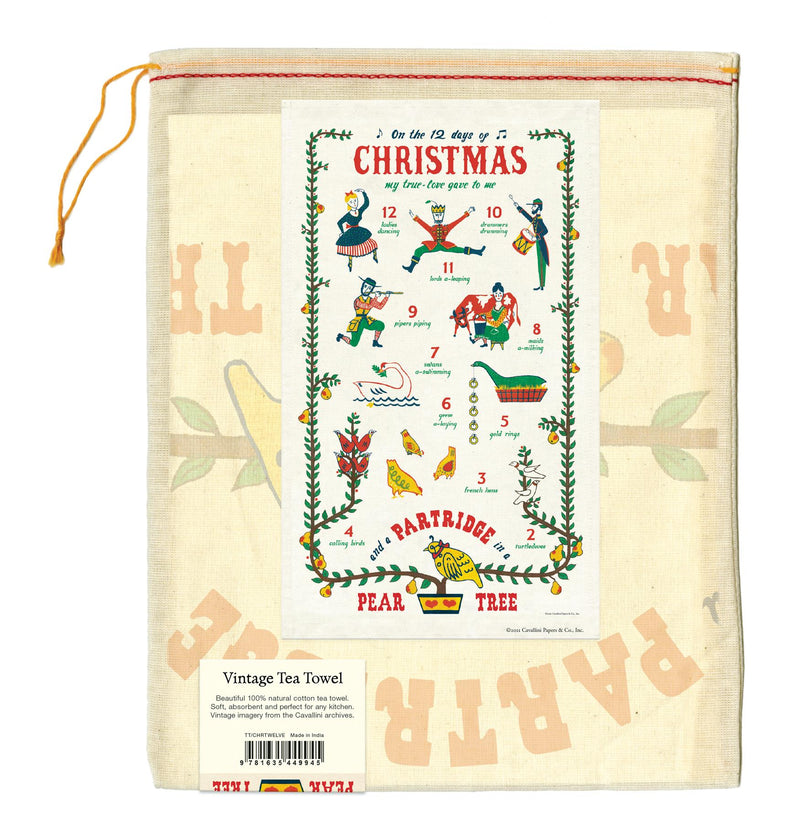 Cavallini - 100% Natural Cotton Vintage Tea Towel - 80 x 47cms - 12 Days Of Christmas