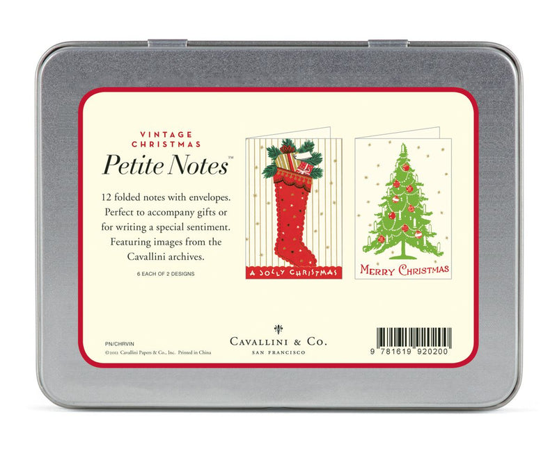Cavallini - Tin of Glittered Petite Notes - 2 Designs - 12 Cards - Vintage Christmas