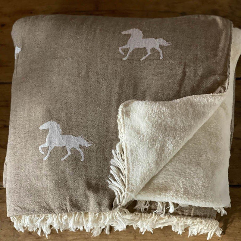 Blanket Throw With Fleece - Horse - Stone - Ailera 120x170cms