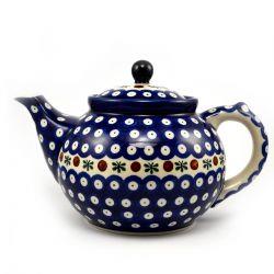 Large Teapot - Flower Tendril/Blue With Red & White Spots - 1.2 Litre - 0060-0070X - Polish Pottery