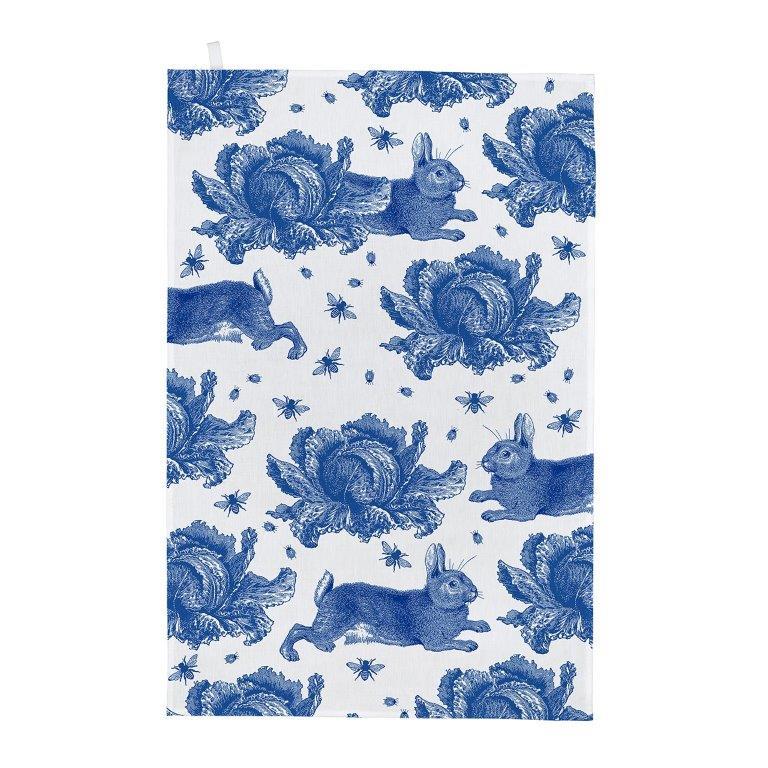 Thornback & Peel - 100% Cotton - Tea Towel - 47 x 77cms - Delft Blue Rabbit & Cabbage