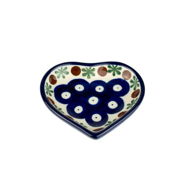 Mini Heart Dish - Flower Tendril/Blue With Red & White Spots - B64-0070X - Polish Pottery