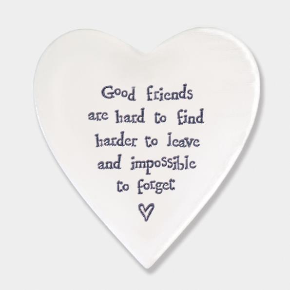 Porcelain Heart Coaster - Good Friends Are Hard To Find - East Of India - 10x11x0.5cms