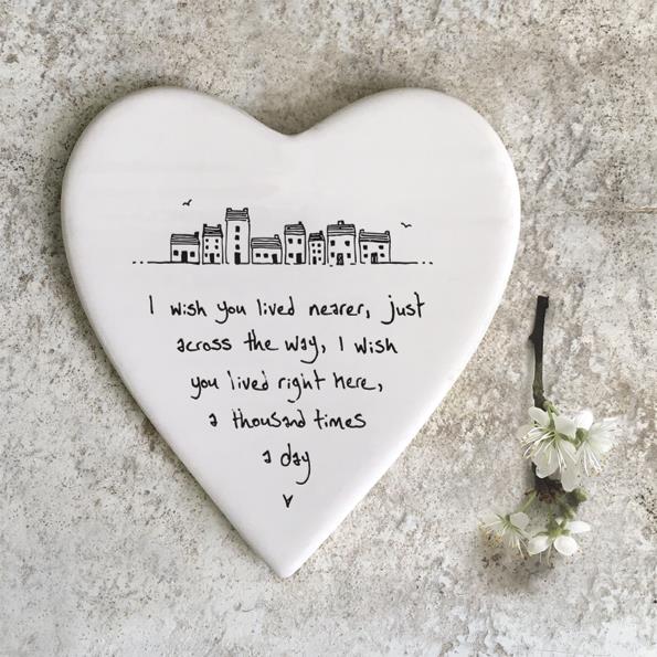 Porcelain Heart Coaster - I Wished You Lived Nearer - East Of India - 10x11x0.5cms