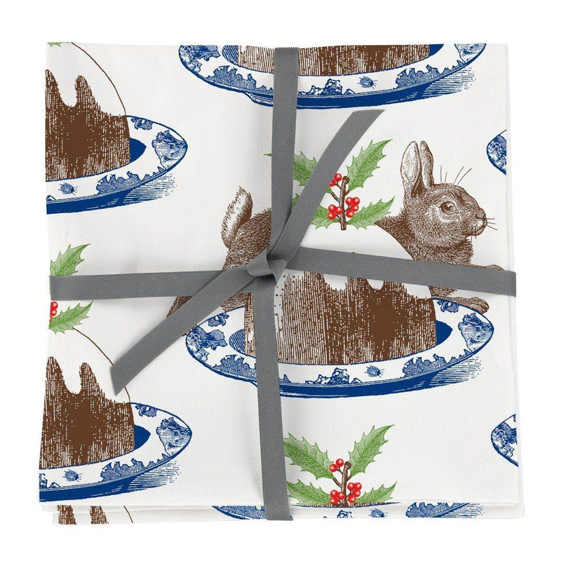 Thornback & Peel - 100% Cotton Napkins - Set of 4 - 45 x 45cms - Rabbit & Christmas Pudding