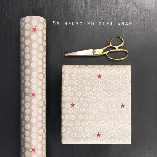 Gift Wrap - 5m Kraft Roll Recycled Wrapping Paper - Cream - White Dots & Red Stars - East Of India