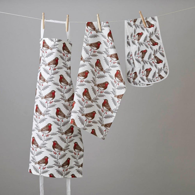 Thornback & Peel - 100% Cotton - Full Length Apron 60 x 80cms - Robin & Christmas Holly