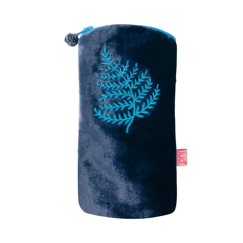 Lua - Velvet Spectacle/Glasses Case With Embroidered Fern  9.5 x 19cms - Navy Blue