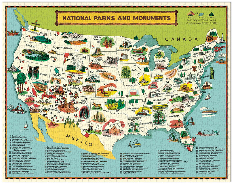 Cavallini - Vintage Jigsaw Puzzle - 1000 Pieces - 55x70cms - Map Of USA National Parks
