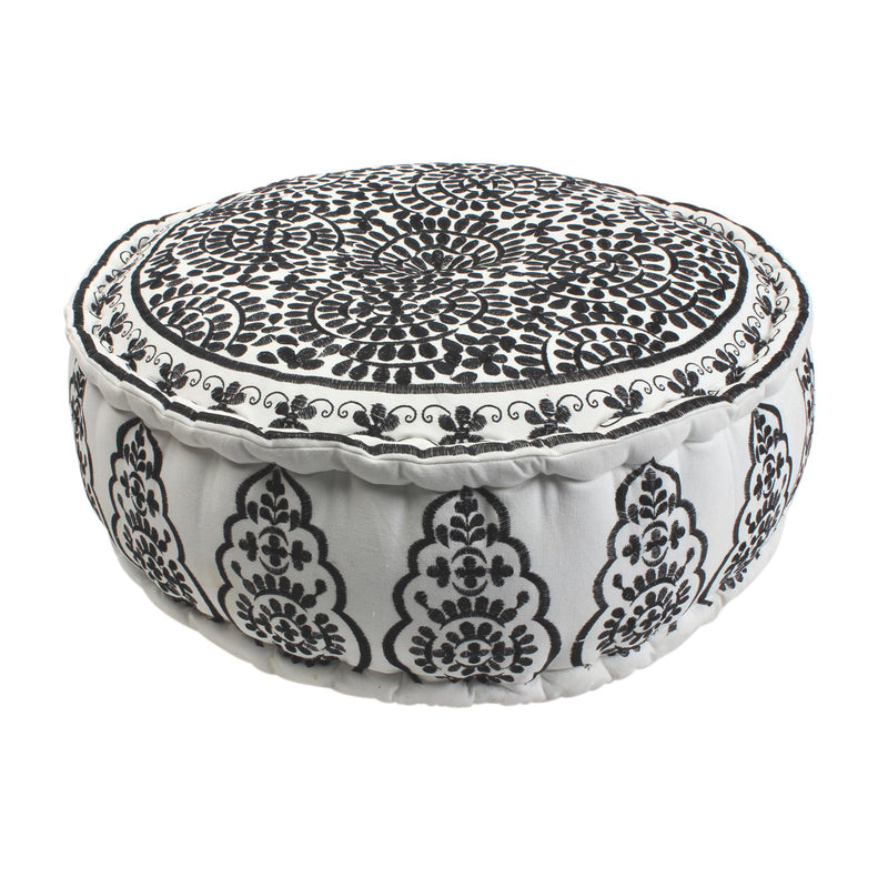 Bombay Duck - Nomad Embroidered Cotton Pouffe/Occasional Stool - Black - 60 x 20cms