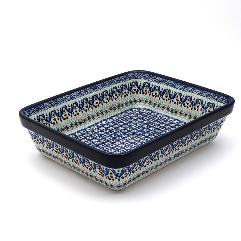 Lasagne Dish - Blue Squares & Flowers - 29 x 22.5 x 7cms - 0405-1026X - Polish Pottery
