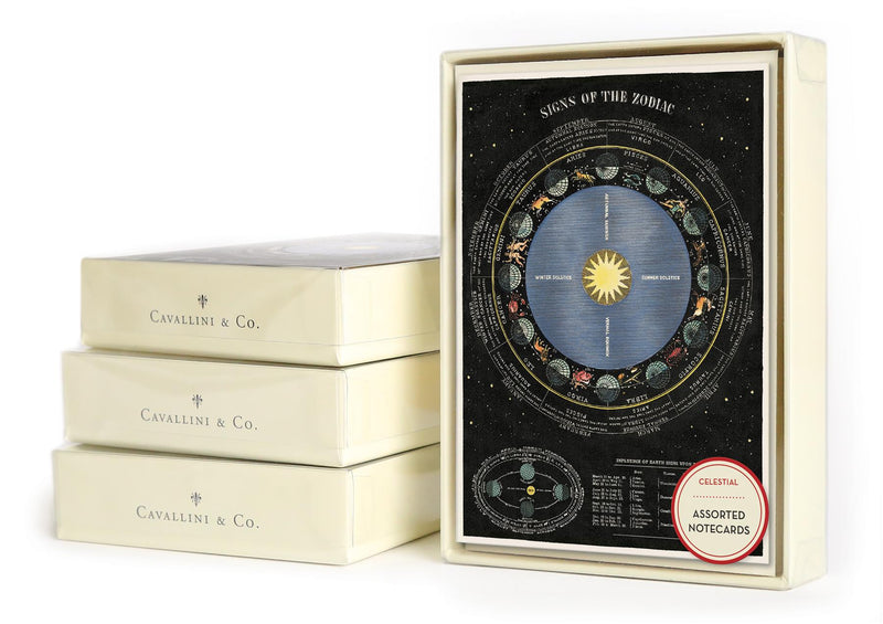 Cavallini - 8 Assorted Notecards - 4 Designs/2 Per Design - Celestial/Signs Of The Zodiac