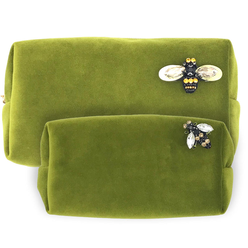 Chartreuse Velvet Make-Up Bag & Bumblebee Pin - Sixton London - Small or Large