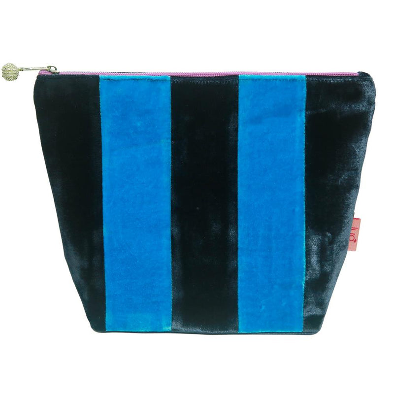 Lua - Large Velvet Cosmetic Make Up Bag/Purse - Striped Patchwork 19 x 24cms - Navy/Light Blue