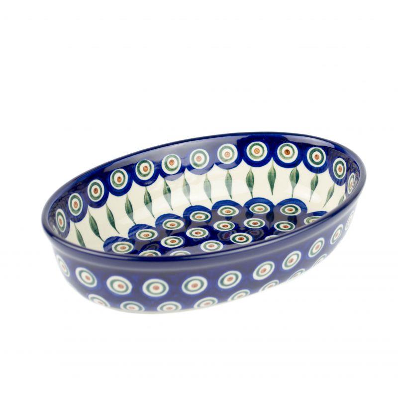 Oval Dish - Green, Red & White Spots - Peacock - 16 x 24 x 6cms - 0299-0054X - Polish Pottery