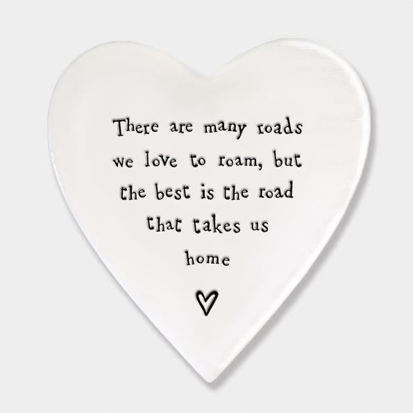 Porcelain Heart Coaster - There Are Many Roads We Love To Roam - East Of India - 10x11x0.5cms