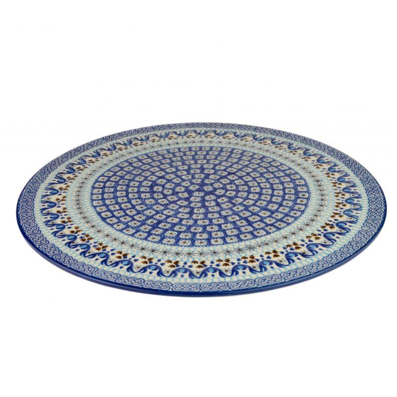 Pizza Platter 33cms - Blue Squares & Flowers - D53-1026X - Polish Pottery