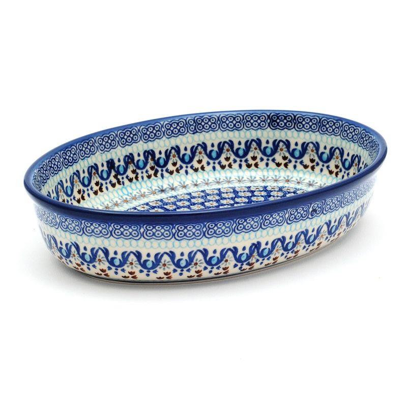 Oval Dish - Blue Squares & Flowers - 27x19.5x6cms - 0298-1026X - Polish Pottery