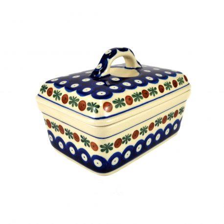 Butter Box - White Rim/Flower Tendril/Blue With Red & White Spots - 0010-0070 - 10x14x9.5cms - Polish Pottery