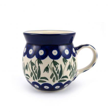 Small Round Mug - Blue Dots With Green Snowdrops - 240ml - 0070-0377SX - Polish Pottery