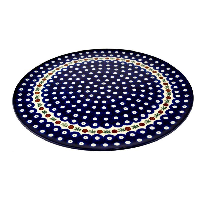 Pizza Platter 33cms - Flower Tendril/Blue With Red & White Spots - D53-0070X - Polish Pottery