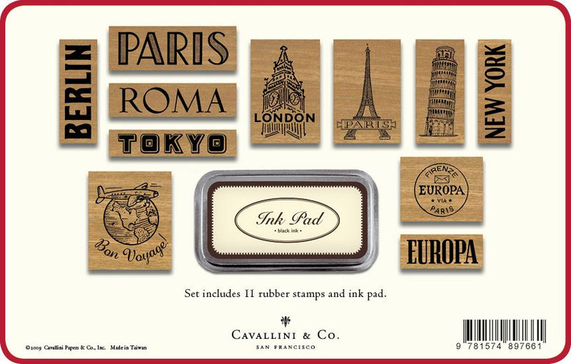 Cavallini - Tin of 11 Rubber Stamps - Destinations - Black Ink Stamp Pad Included